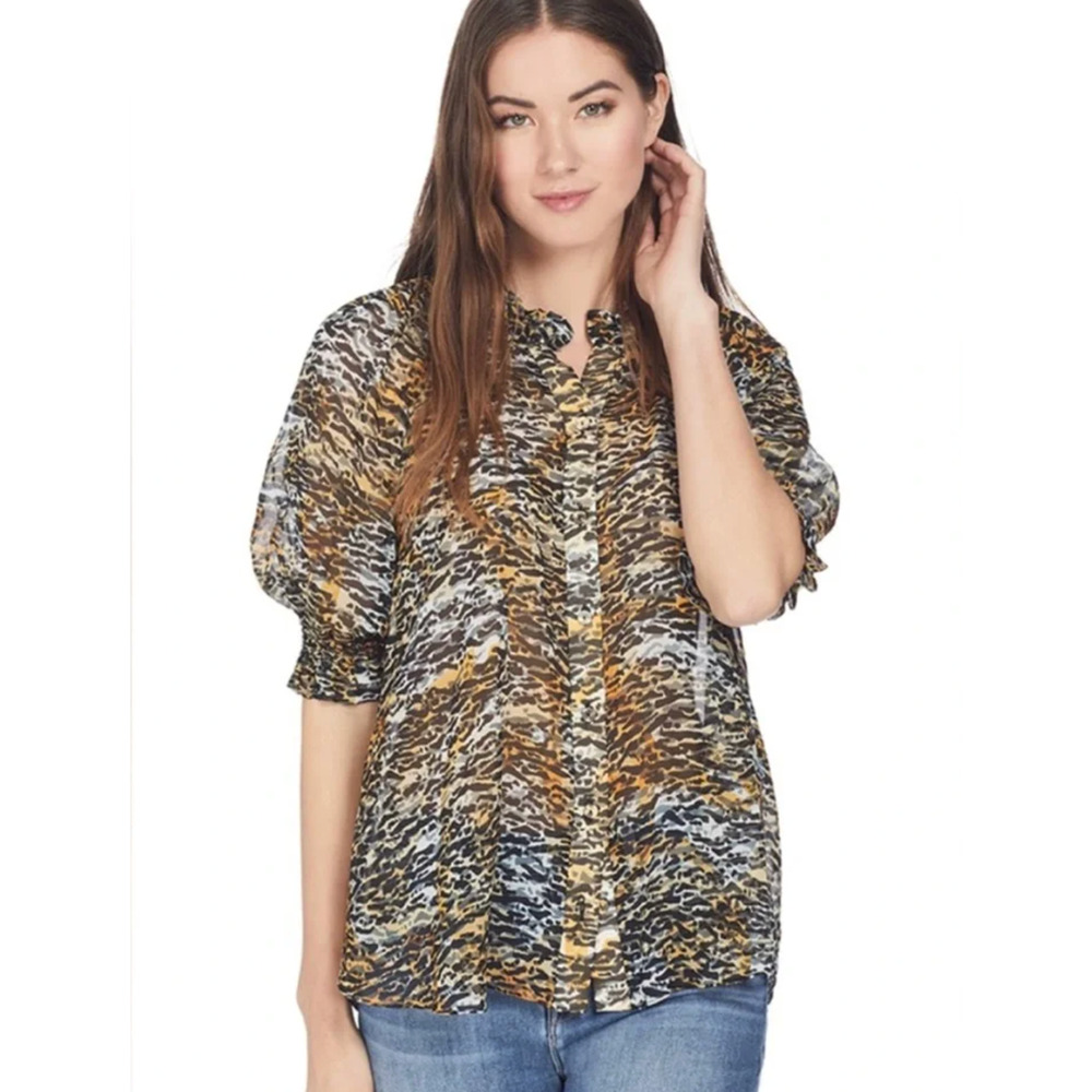 Saloni Skye Top Silk Chiffon Animal Print Button Front Blouse Size US 8